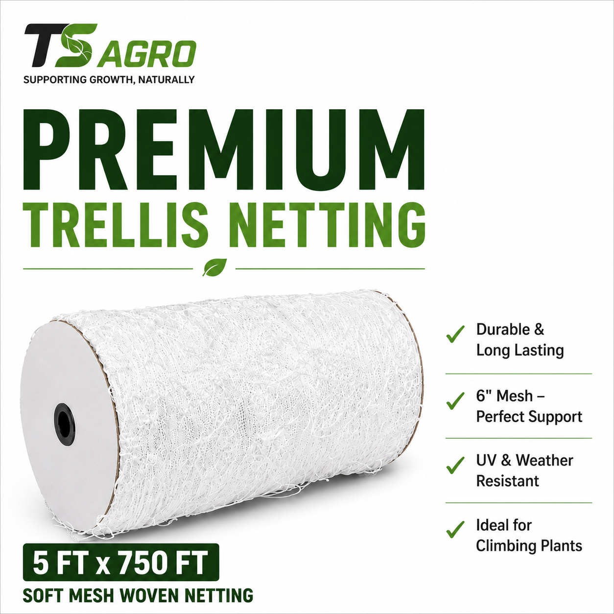 TS Agro - Heavy Duty Garden Plant Support Netting, 5x750